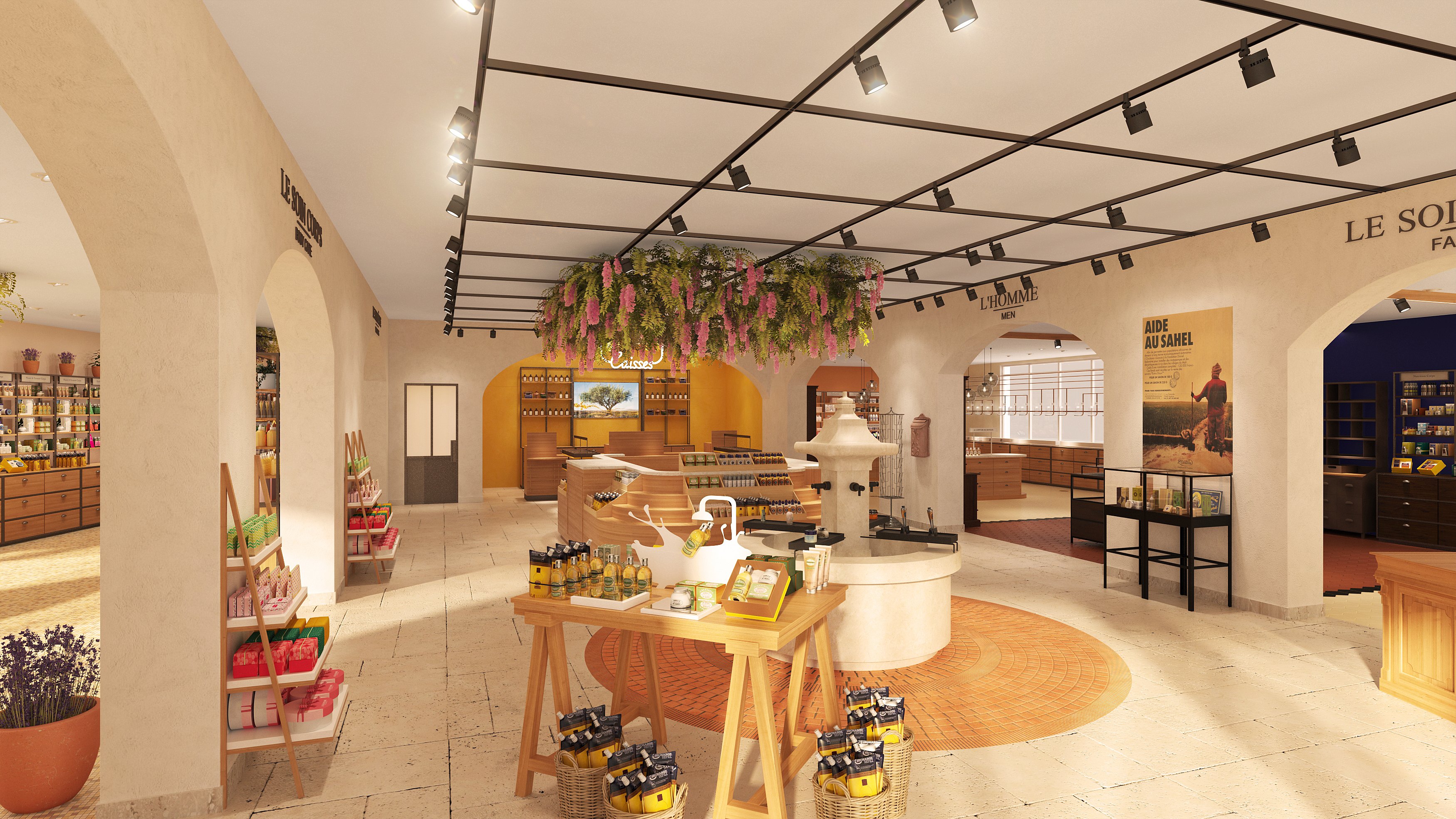 Vue 3D du magasin d'usine L'Occitane avec sa place du marché et l'accès aux différentes échoppes