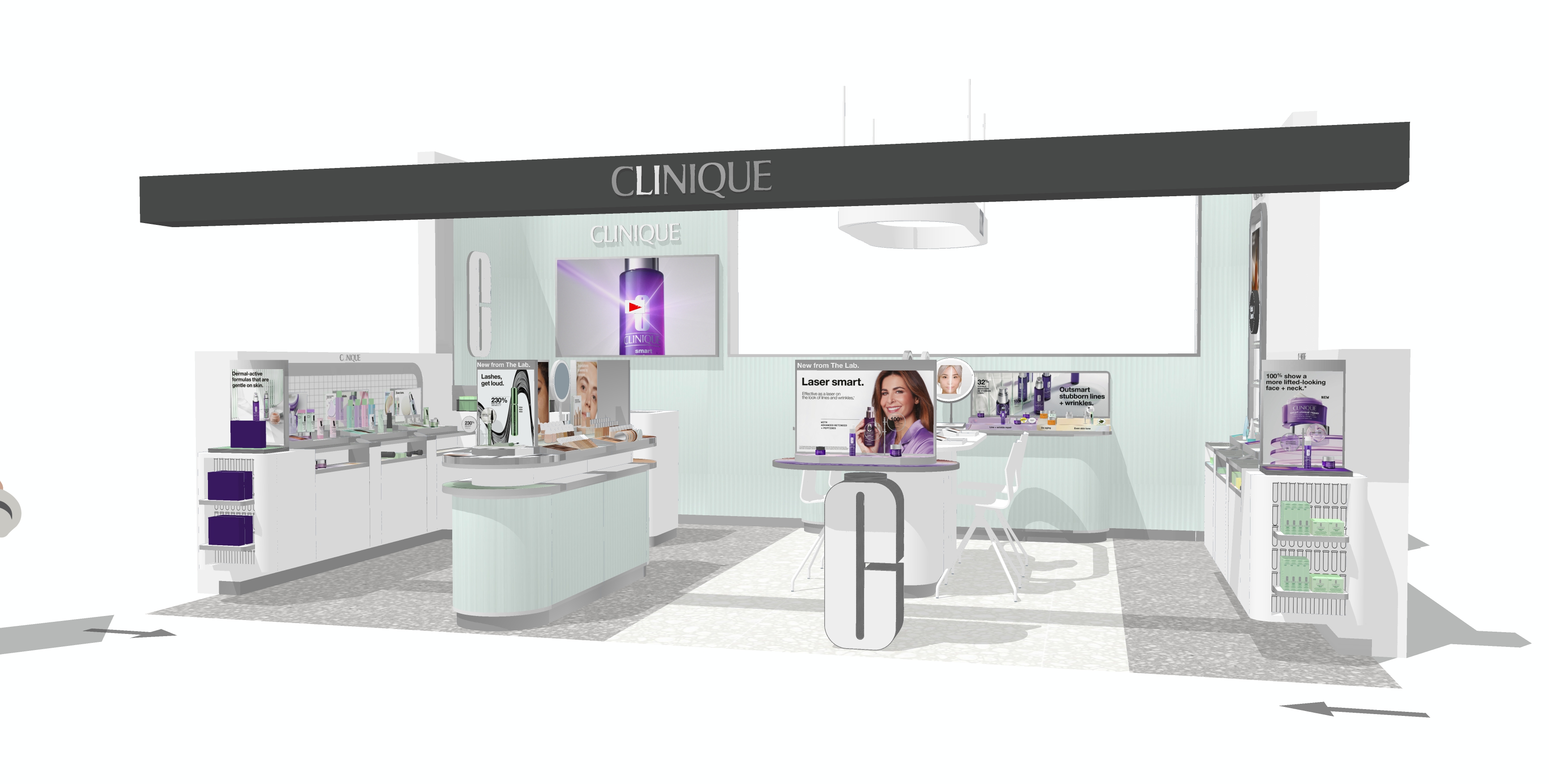 Vue 3D du stand Clinique à El Corte Inglés Castellana