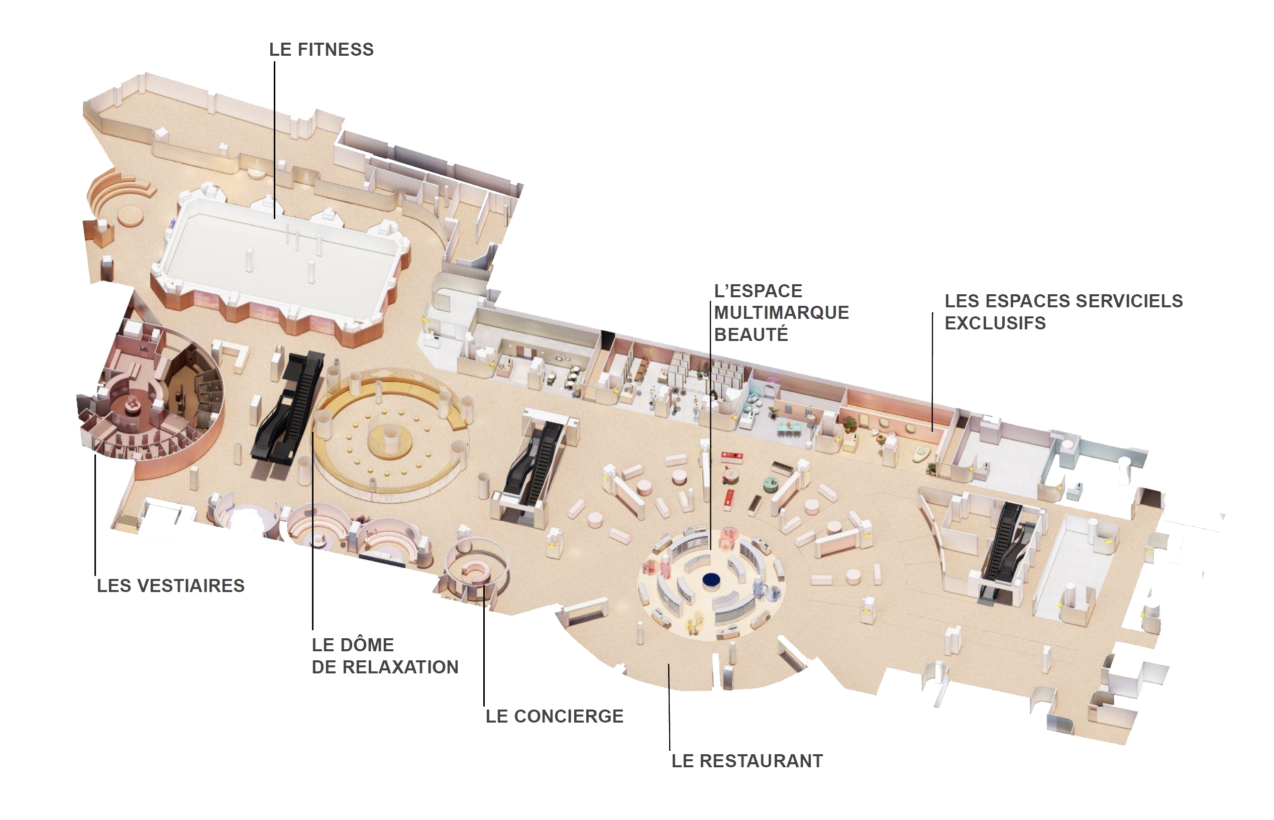 Plan général en axonométrie du sous sol réaménagé aux Galeries Lafayette Haussmann Paris