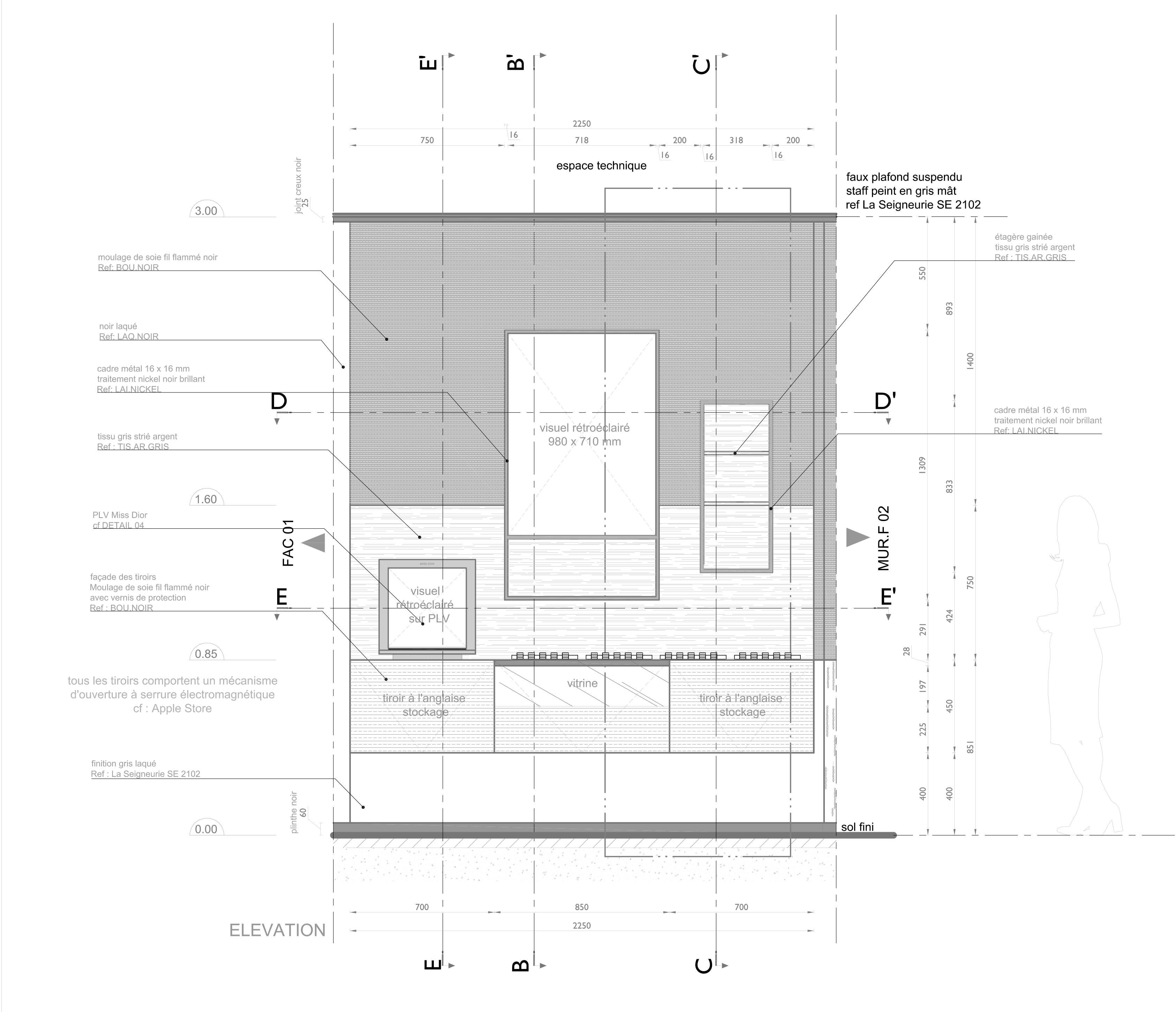 Dessin en elevation du mural fragrance du flagship Dior IFC à Shanghai
