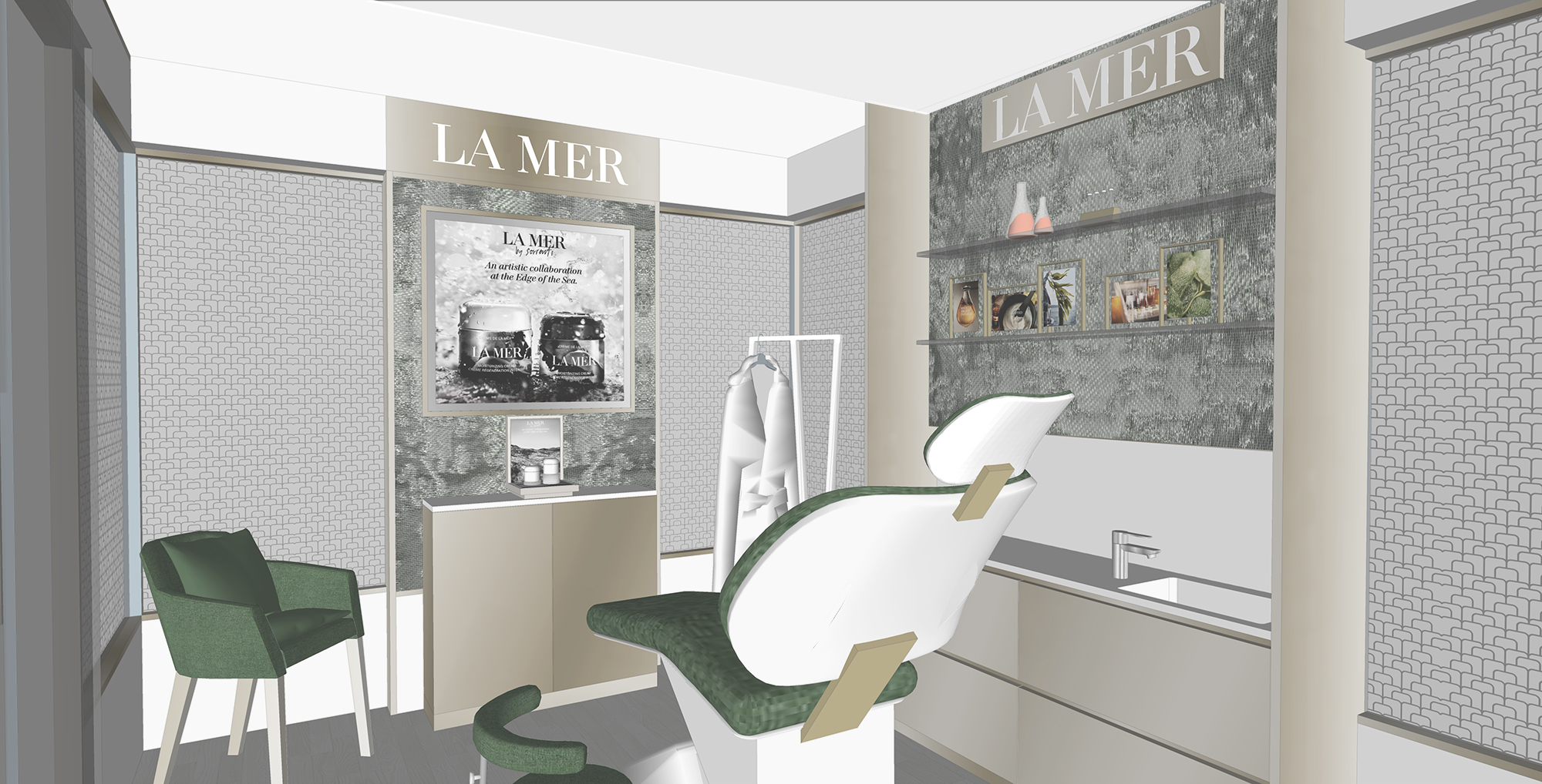 Rendu 3D sketchup intérieur de la cabine de soin itinérante La Mer